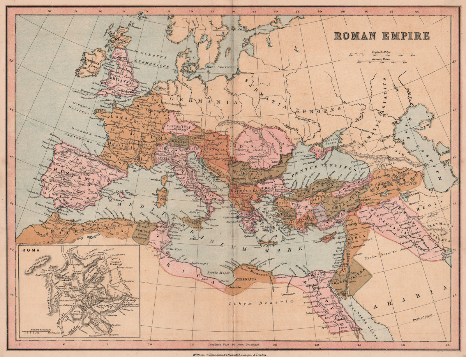 ROMAN EMPIRE. Showing provinces. COLLINS 1880 old antique map plan chart